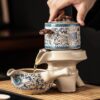 Rotating Ceramic Tea Set – Blue & White Easy Serving